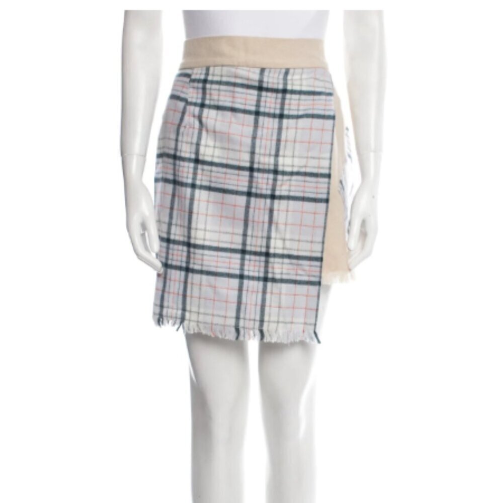 The Elder Statesman Plaid Wool Mini Skirt Fringe Hem Boho Neutral Size M — image 3 of 6